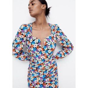Zara Women Colorful Floral Mini Dress Size Small Long Sleeve Bloggers Favorite